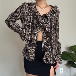 Y2K button up mixed print blouse with ruffle details